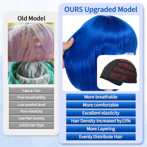 kuttolee Blue Bob Wig Short Bob Wigs Straight Hair with Flat Bangs for Women Girl Men, Colorful Funny Cosplay Daily Party Neon Wig Synthetic Natural As Real Hair Carnival Halloween Costume — view 5