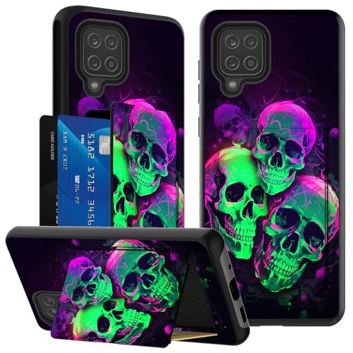 ACWDMKH for Samsung Galaxy A12 Phone Case Wallet Case with Stand Kickstand & Card Holder,Dual Layer Hybrid TPU Hard PC Shockproof Protective Phone Case for Samsung Galaxy A12,Green Purple Skull