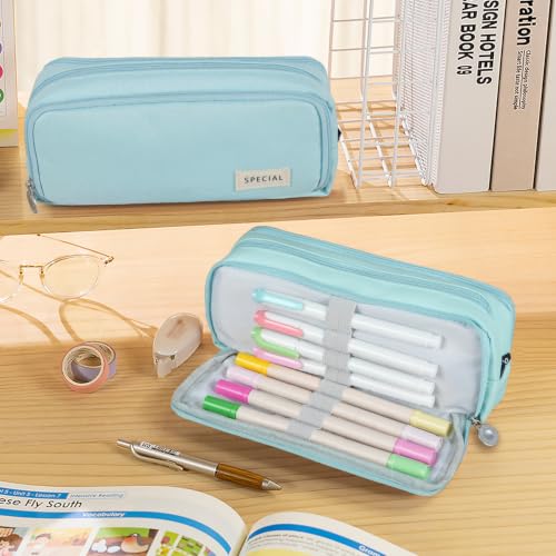 Image of MAMUNU Large Capacity Pencil Case, 3 Compartments Canvas Pencil Pouch with Zipper, Aesthetic Pencil Bag Pen Pouch for School Office Students Teen Girls Boys, Light Blue