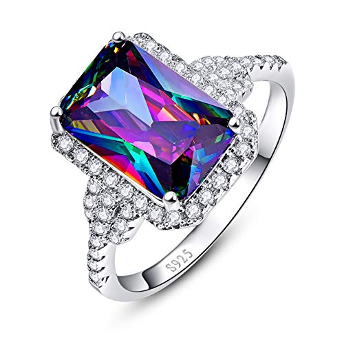 6.85CT Promise Rings for Her, 925 Sterling Silver Ring 8x12mm Simulated Mystic Rainbow Topaz CZ Halo Engagement Wedding Rings for Women