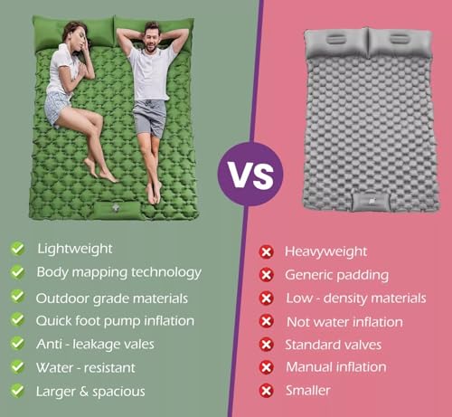 Double Air Bed Sleeping Mat for Camping Self Inflating 8-12CM Thickness Camp Mattress Joinable Inflatable Mat Built-In Foot Pump Sleeping Pad for Outdoor Hiking Backpacking Camper Van Mat (Green) - Image 3