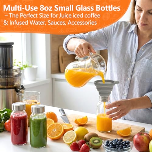 Image of Luxfuel 8 oz Glass Juice Bottles 8 Pack with Lid, Leak Proof Glass Bottle | Reusable Clear Glass Bottle with Stainless Steel Lids for Juice Shots, Smoothies, Wellness Drinks, Fridge & Dishwasher Safe