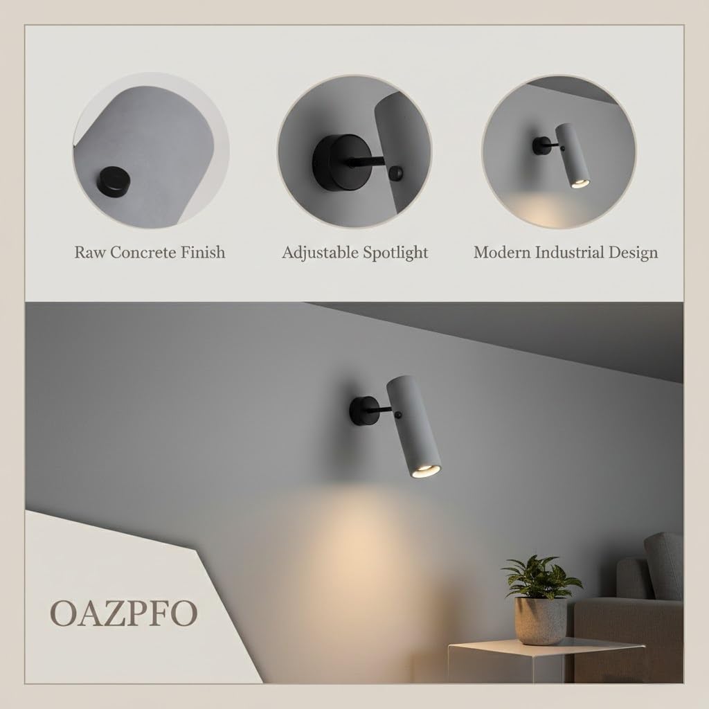 Spotlight Wall Lamp, Concrete Rotatable Wall Sconce, Grey Cement Wall Light for Bedroom, Art Gallery, Showroom, Hallway, Industrial Fixture, Accent Lighting, Entryway Loft Parlor