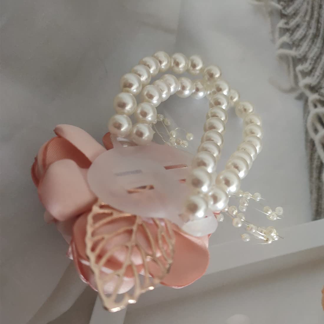 Corsage Da Polso Floreale Rosa Con Perle E Strass Per Damigelle - Fiore Elastico Per Matrimonio E Ballo