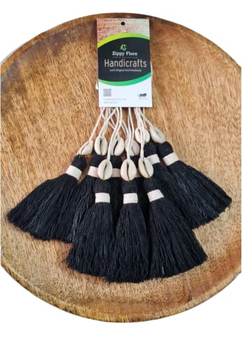 Image of Zippy Flora Handmade Cotton Tassels with Cowrie Shells for DIY & Crafts Project, Pack of 10 (Black)