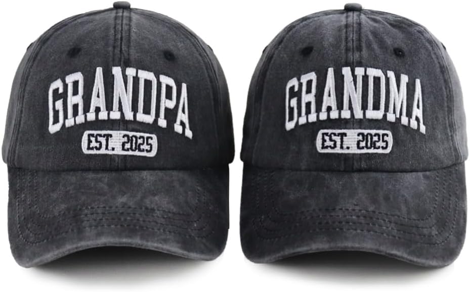 2PCS Grandpa & Grandma Est 2025 Hats for New Grandparents Gifts, Adjustable Embroidered Cotton Dad Mom Baseball Caps