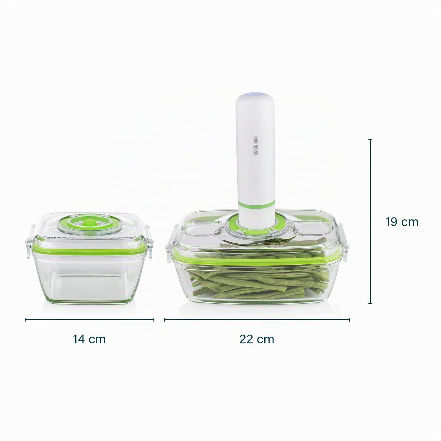 Princess Set de Recipientes de Vidrio con Envasadora al Vacío Manual, Bomba de Vacío Eléctrica con Cable USB, 2 Recipientes Resistentes al Calor, 2 Tapas BPA Free, Hermético, 492985