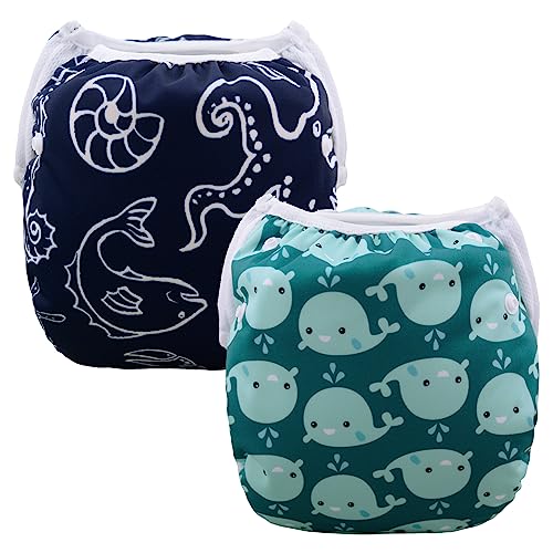 ALVABABY Swim Diapers Reusable Washable Adjustable 0 to 36 mo.for Infants Toddlers 2 Pack One Size Swimming Lesson