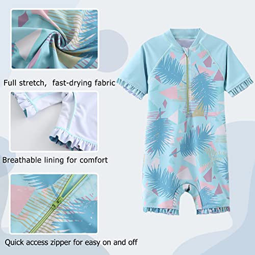 Image of Girls One Piece Rash Guard Swimsuits for Kids UPF 50+ Sun Protection Short Sleeve Swim Shirt