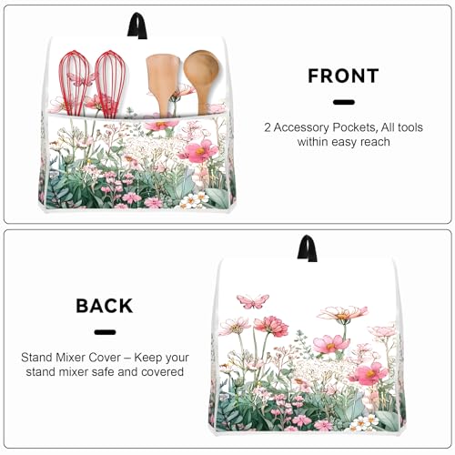 Image of Kitchen Dust Cover Compatible with 4.5 5 6 8 quart Stand Mixer, Kitchen Appliance Protective Covers with Top Handle and Pocket (Pink Wildflower Meadow, For All 6-8 qt Mixer)