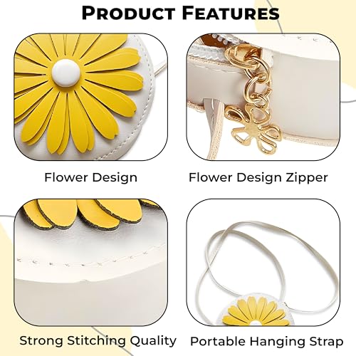 Image of BEMBIKA Kids Sling Bag - Trendy Mini Crossbody Sling Backpack for Boys & Girls, Colorful PU Shoulder Bag -(3-6 Years | White Flower Design)