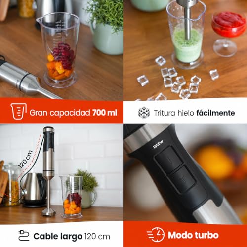 Miniatura 9 de Huslog Blend Flex 1500w Batidora De Mano Batidora De Acero Inoxidable Con 20 Velocidades Y Función Turbo, Incluye Un Vaso Medidor De 600 Ml Batidora De Mano Para Batidos Y Sopas