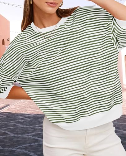 Tankaneo Womens Puff Sleeve Striped T Shirt Oversized Cropped Summer Casual Cotton Tops Loose Fitting Crewneck Sweatshirt3