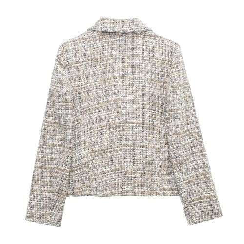Women Double Breasted Plaid Tweed Blazer Coat Vintage Long Sleeve Flap Pockets Outerwear2