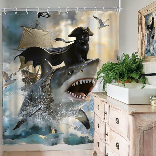 Image of Funny Black Cat Shower Curtain Riding Shark 60Wx72H Inch Decor