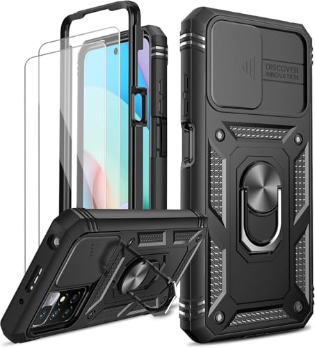 LeYi Funda para Xiaomi Redmi 10 2022 4G 6.5': con [2-Unidades] Cristal Vidrio Templado, Carcasa Cubierta de cámara Deslizante Proteger 360 Full Protección Anillo Soporte Bumper Case,Negro