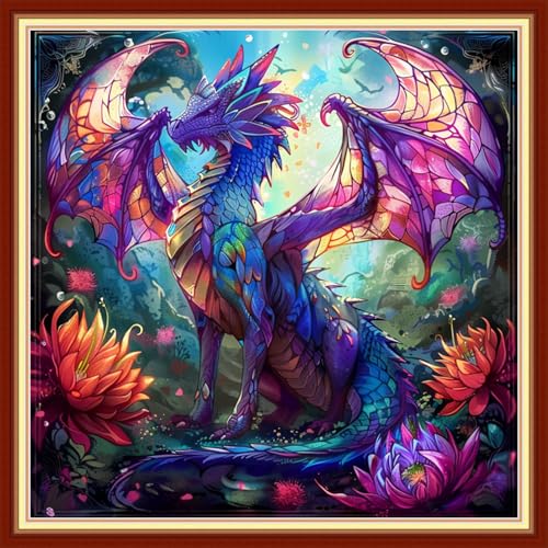 Image of Funchey Stamped Cross Stitch Kits, DIY Cross Stitch Pattern for Adults Beginners Needlepoint Kits Embroidery Kit Arts and Crafts 11CT-Colorful Dragon 18x18 inchs