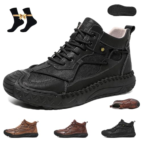 Stepthetop Motorcycle Boots,Hand-Stitched Genuine Leather Boots Wide Toe Anti-Slip Ankle Support Breathable Trail Running, Walking & Hiking Shoes