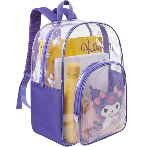 Get Trend Kuromi Sanrio Girls Clear Backpack 17 inch Transparent School Bookbag See Through Travel Bag with Straps Kawaii Gifts for Girls (Black/Purple Kuromi)