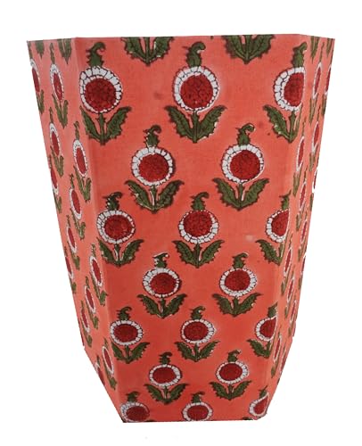 Image of Floral Hand Block Printed 3.3 Gallon Decorative Waste Basket - Eco-Friendly Cardboard Trash Can, Plastic-Free & Sustainable, Perfect for Christmas and Housewarming Gifts (1, FLOWAR RED)