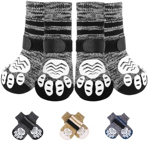 PUPTECK Anti-Slip Dog Socks with Double Sides Grips Booties for Medium Large Dogs Hardwood Floors Prevents Licking, Dog Shoes for Cold & Hot Pavement Traction Paw Protector for Senior Dogs Thickened