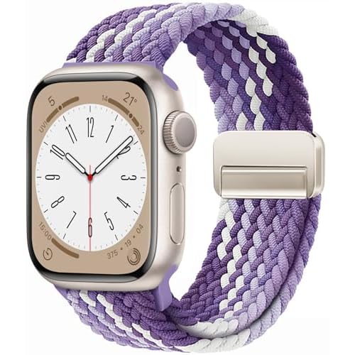 Magnetic Braided Loop Band Compatible with Apple Watch Series 11 10 46mm 9 8 7 6 5 4 42mm 44mm 45mm 49mm for Women Men, Stretchy Nylon Elastic Sport Strap for iWatch SE/Ultra 1/2/3, G-Purple