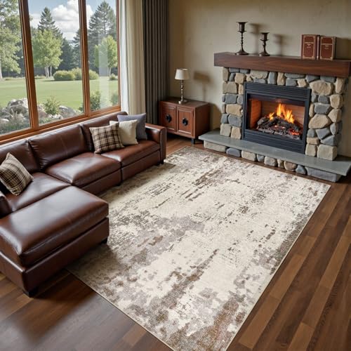 8x10 Area Rug Living Room Rugs - Washable Neutral Modern Abstract Soft Thin Rug Indoor Floor No Slip Rug Carpet for Bedroom Under Dining Table Home Office Decor - Brown/Grey/Beige
