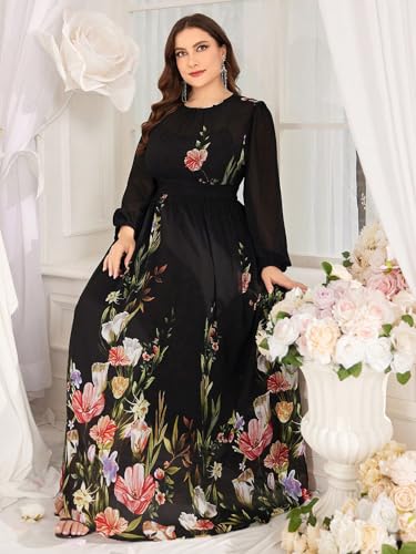Image of Spring Summer 2024 Plus Size Womens Dresses V Neck Casual Elegant Long Sleeve Floral Print Maxi Dress