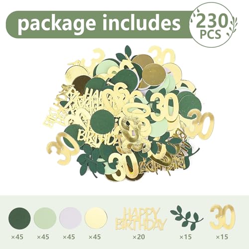Image of Sage Green 30th Happy Birthday Confetti, Table Decorations Green Gold Foil Scatter Cake Confetti for 30th Birthday Her Him Party Decor 230 Pcs