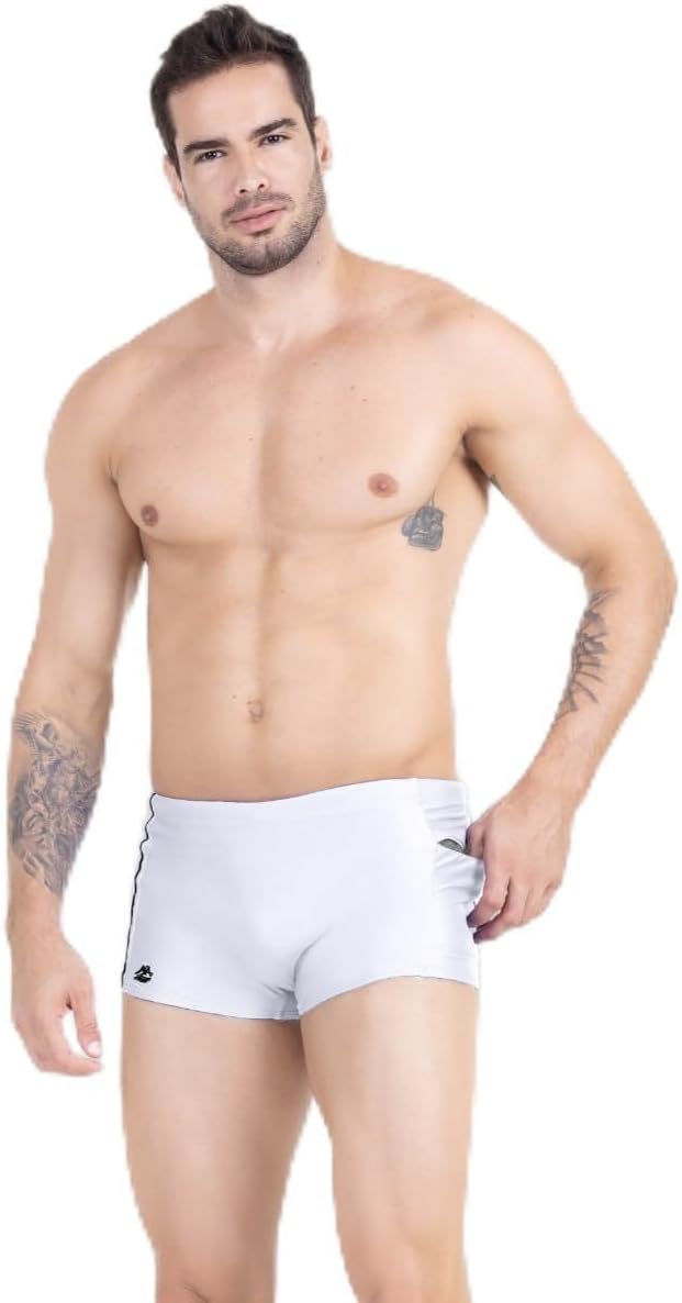 Sunga Box Masculina Bolso Com Ziper Faixas Decorativas Tecido Poliamida Zero Transparência Toda Forrada