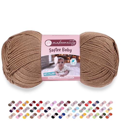 Image of Makromecity Softee Baby Yarn,%100 Premium Anti-Pilling Acrylic, 3.5 Oz, 273 yd (100gr /250 mt), Soft Yarn for Crocheting and Knitting (Brown, 1 Skein)