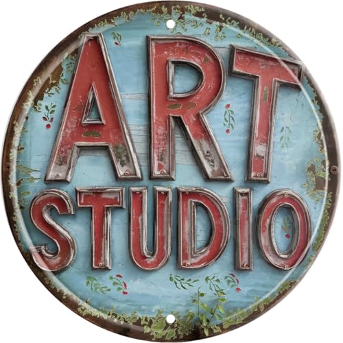 Rustic Art Studio Plaque en métal ronde vintage pour bureau, bar, café, garage, salle de bain, chambre à coucher Bleu et rouge 20,3 x 20,3 cm