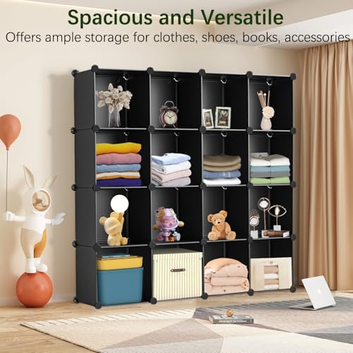 Whitmor 16 Cube Closet Organizers and Storage, Stackable Plastic Closet Shelves with Hooks & Mallet, DIY Clothes Organizer, Cube Bookshelf, Portable Storage Organizer for Bedroom, Home, Office, Black - Image 7