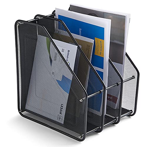 Simplife - Organizador de escritorio vertical de 3 niveles, malla metálica de alambre negro, secciones verticales para revistas, documentos y bandejas de papel A4 Cover