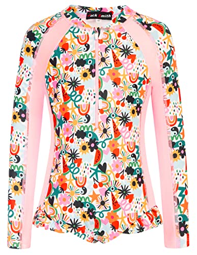 JACK SMITH Rash Guard for Girls One-Piece Swimsuits Long Sleeve Crew Neck Swimwear with Zipper Size 12Y Pink Fruit