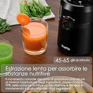 Fretta Estrattore frutta e verdura, apertura 108MM e capacità di 1L estrattore di succo, 200W centrifuga Lenta, 99% nutrienti preservati, senza BPA, facile da smontare e pulire