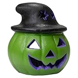 4 Seasonal Trends Artisanal Jack-O-Lantern with Witch Hat Luminary, Green β Terra Cotta Halloween Pumpkin Candle Holder with Purple Interior β Spooky Light-Up DΓ©cor for Porch, Tabletop & Garden