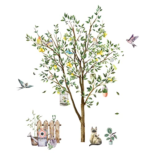 Tropical Plants Large Tree Wall Stickers With Flying Birds, Removable Pastoral Style Fruit Tree Birdcage Hanging Basket Decals Decor, Diy Art Murals For Nursery Bedroom Living Room Decoration #TOP4