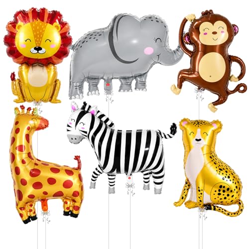 Image of Rozi Decoration Safari Animal Foil Balloons Set for Birthday Decoration, Pack of 6 Jungle Theme Helium Balloons with Lion Elephant Monkey Zebra Giraffe Tiger Design for Kids Baby Shower Party Supplies