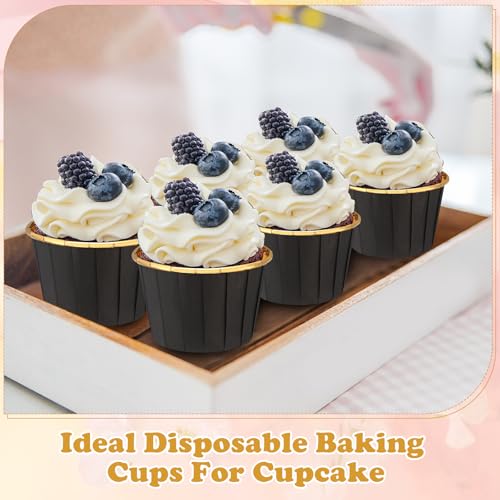 Image of 300 Pack Black Gold Cupcake Liners Bulk Disposable Foil Muffin Cup
