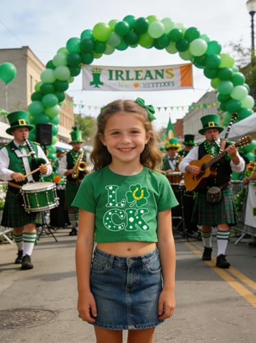 Image of Girls Crop Tops St Patricks Day T-Shirts Lucky Clover Short Sleeve Shirts Kids Shamrock Tees 5-14 Years