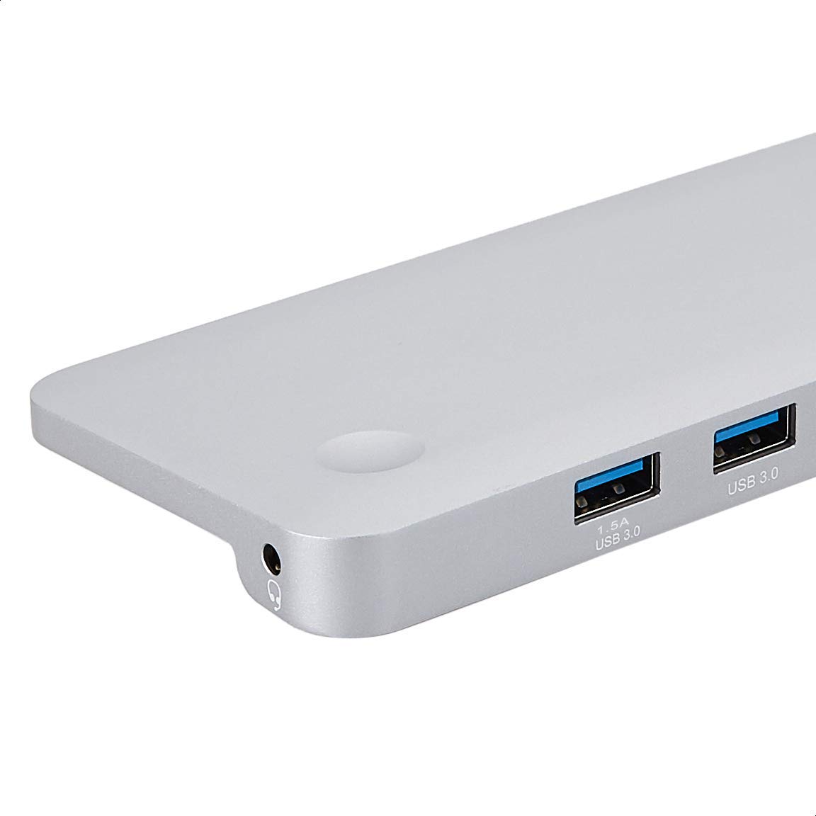 تفصيلي view of the USB 3.0 ports and 3.5mm audio jack on the Amazon Basics Type-C Docking Station.