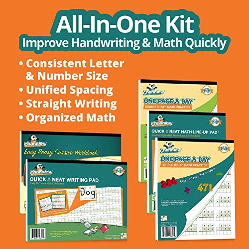 Channie’s All-in-One Kit, with Double & Triple Digit Math Practice Worksheets, Writing Pad, Math Line-Up Pad, Easy Peasy Cursive Handwriting Workbook for Kids, Free ABC Card - Image 5