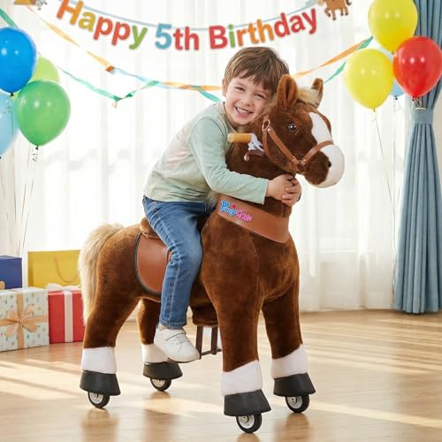 Image of PonyCycle Official Classic U Series Ride on Horse Toy Plush Walking Animal Brown Horse Size 4 for Age 4-8 Ux424
