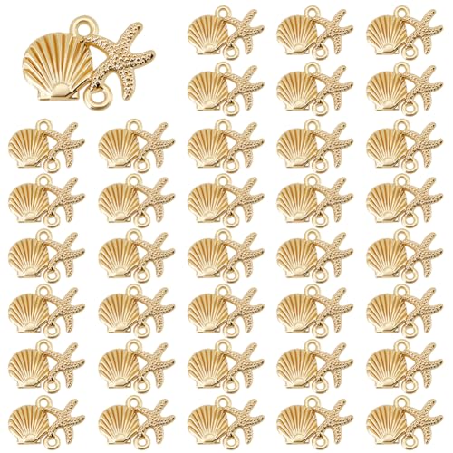 Beebeecraft 1 Box 40Pcs Starfish Connector Charm 14K Gold Plated Sea Stars Ocean Animal Beach Summer Hawaii Scallop Shell Charms Links Connectors for Jewellery Making Charms DIY Crafts