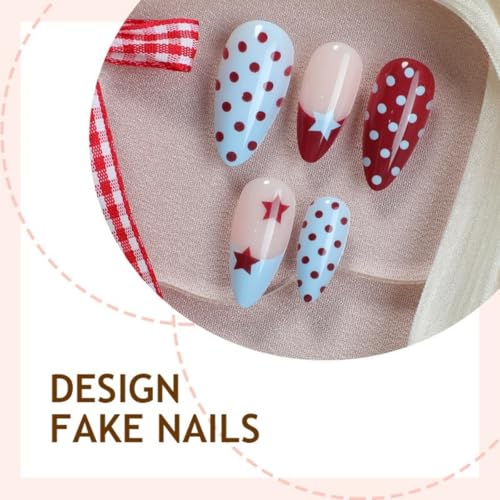 Image of Polka dot Press on Nails Red Blue Fake Nails with Point Design Medium Almond False Nail French Tip Glue on Nails Glossy Full Cover Artificial Acrylic Star Stick on Nail for Women Manicure 24Pcs