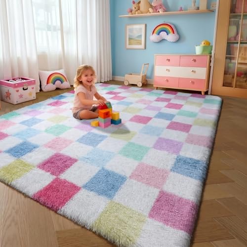 Image of KICMOR Pink Rainbow Area Rugs for Bedroom Living Room, 4x6 Fluffy Soft Colorful Checkered Rug Cute Fuzzy Shag Shaggy Bedside Plush Carpet for Kids Boys Girls Teen Dorm Nursery Home Decor Aesthetic