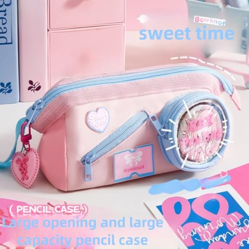 Image of Alokik Kawaii Pink Pencil Pouch with Transparent Round Window & Mini Doll Pocket - Large Capacity Zipper Pen Case, Cute Pastel Stationery Organizer for Girls, School & College (Sweet Funny)