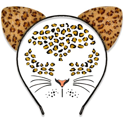 U-Zomir UZO-CHEETAHEH1 Cheetah Ears Headband With Temporary Tattoos, Leopard Ears Headband & Leopard Face Stickers Tattoos Cheetah Costume For Adult Women, Halloween Animal Ears Headband Cat Ears Costume Accessories cover
