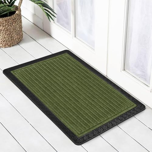 Image of Yellow Weaves 2 Pcs Door Mat for Home Entrance, Outdoor Rubber Mat - Non-Slip, Anti Skid Foot Mat, Dirt Trapper, Heavy-Duty, Weather-Resistant, Waterproof Doormat (40x60cms, Stripe, Olive Green)